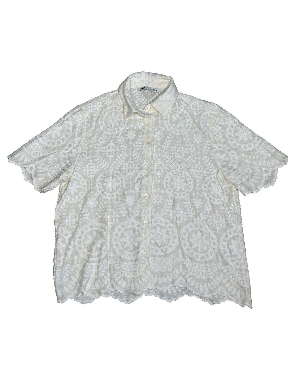 Zara Blogger Favorite Embroidered Short Sleeve Button Down Shirt Blouse S White - Picture 3 of 8